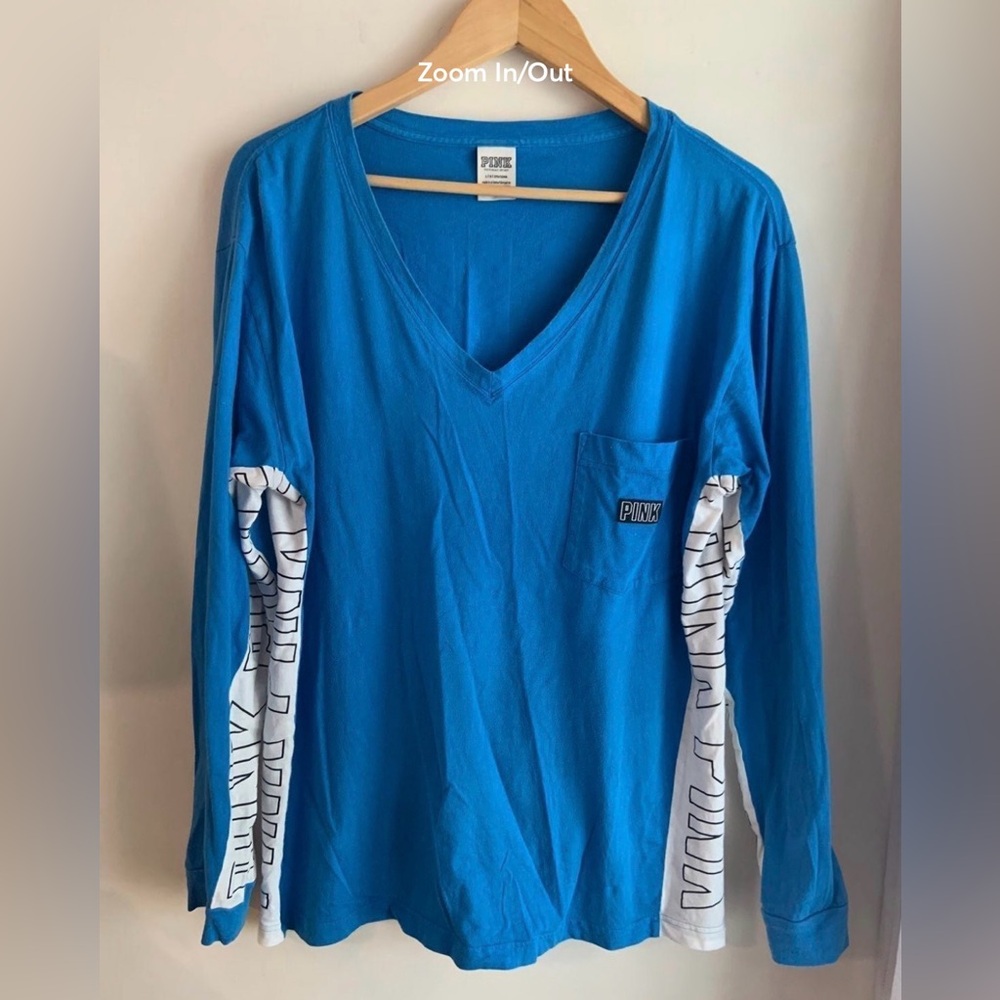 PINK VICTORIA SECRET LARGE LONG SLEEVE V-NECK LOGO SHIRT TOP